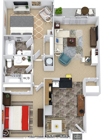 Floor plan for 2 beds, 2 baths, 924 sqft